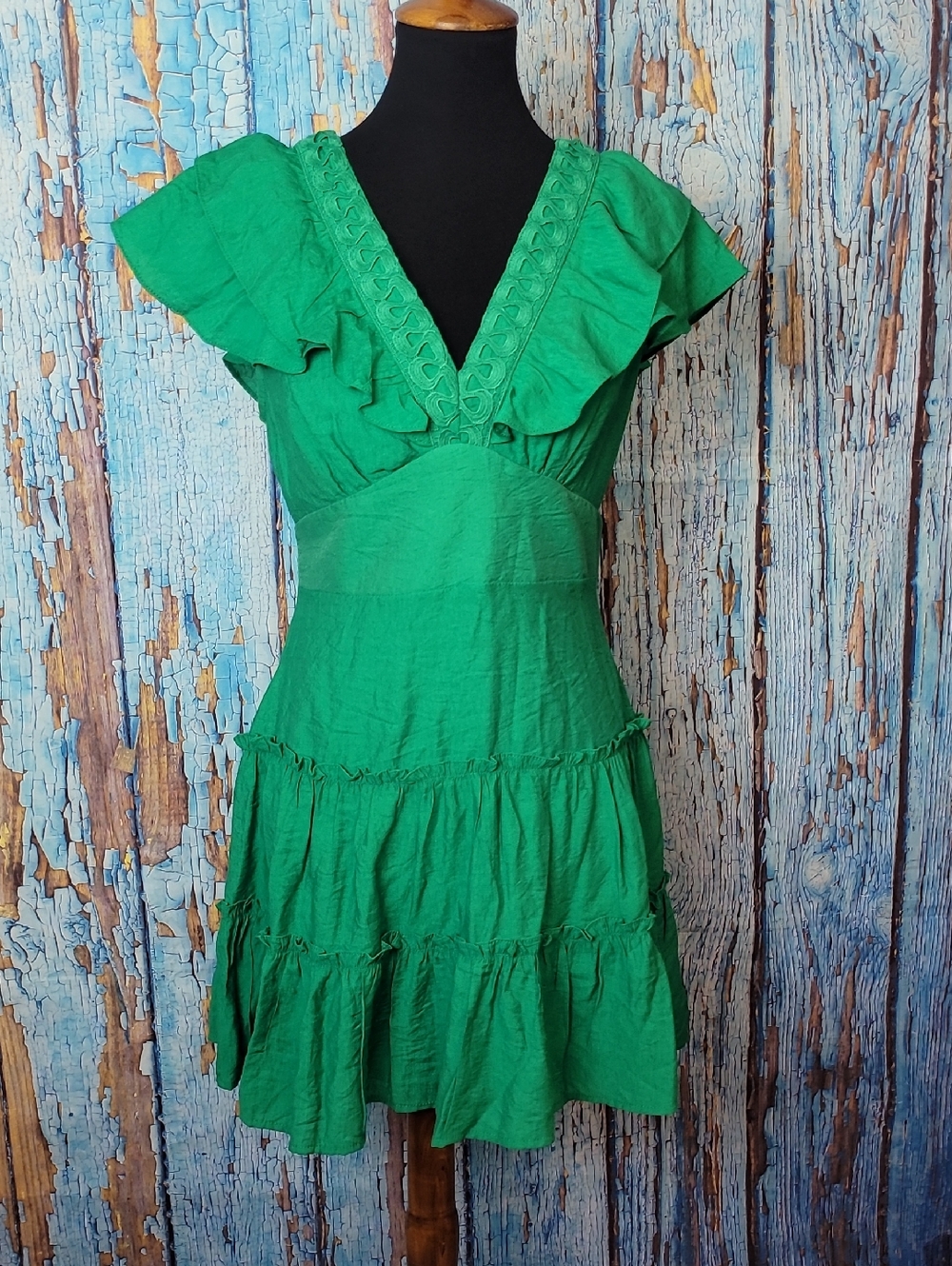 Green Ruffle V-Neck Mini Dress - Picture 2 of 9
